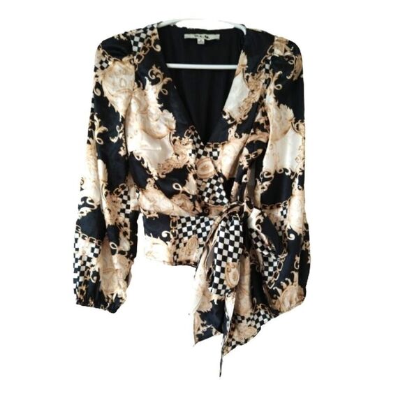 O.L.M. black white gold chess long sleeve Blouse top with bow S - Picture 1 of 4